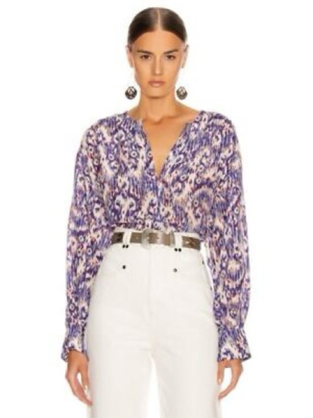 Isabel Marant Étoile Yacah Silk Popover Blouse Purple Abstract Print 44 US 12